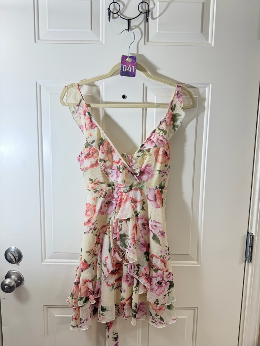 Revamped Floral Ruffle Mini Dress Women’s Small Ivory Pink Cottagecore 041